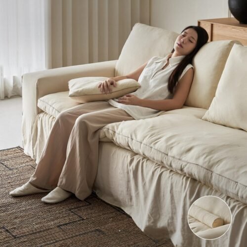 Linen Sofa, Removable Washable Cotton Linen Wabi-Sabi Style Small Living Room Three-Seater Straight Design.