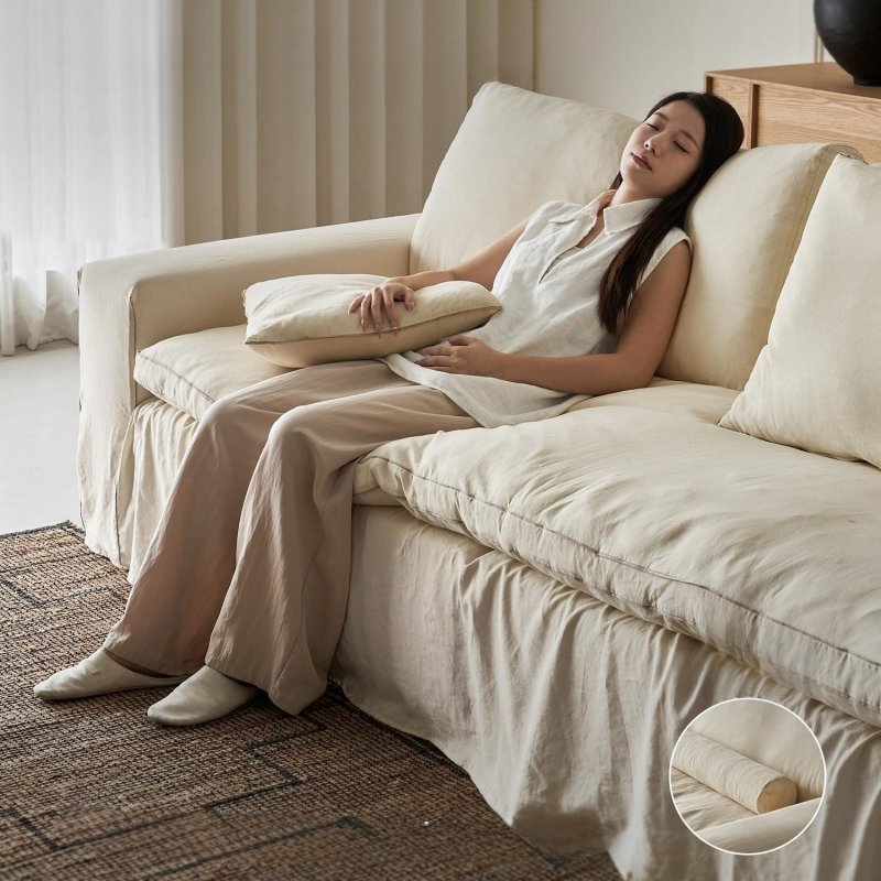 Linen Sofa, Removable Washable Cotton Linen Wabi-Sabi Style Small Living Room Three-Seater Straight Design.