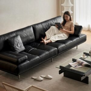 Bauhaus Retro Full-Genuine Leather Sofa with Adjustable Armrests, Down-Filled, Black Top-Grain Leather