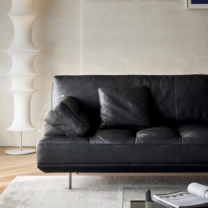 Bauhaus Retro Full-Genuine Leather Sofa with Adjustable Armrests, Down-Filled, Black Top-Grain Leather