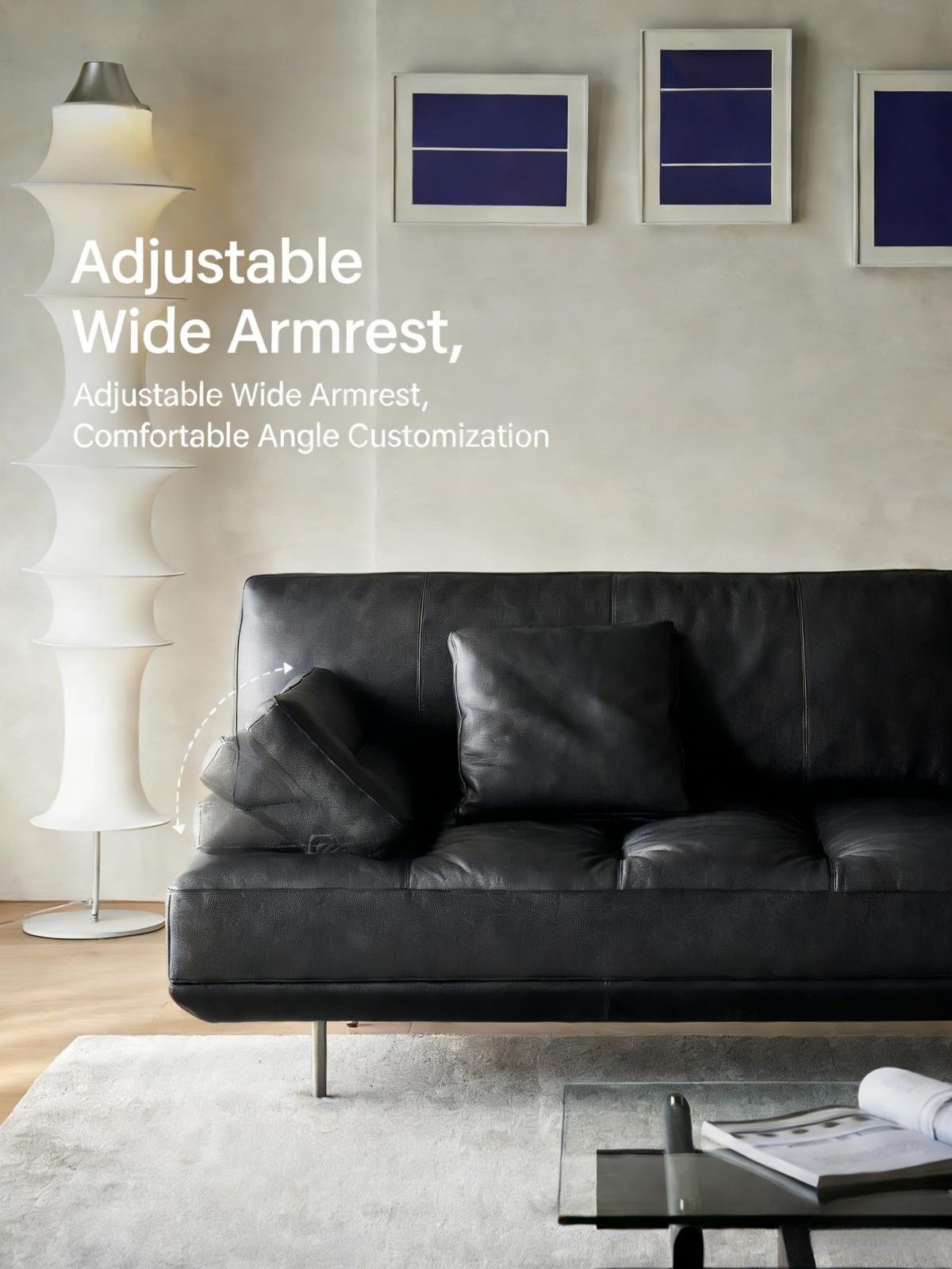 Bauhaus Retro Full-Genuine Leather Sofa with Adjustable Armrests, Down-Filled, Black Top-Grain Leather